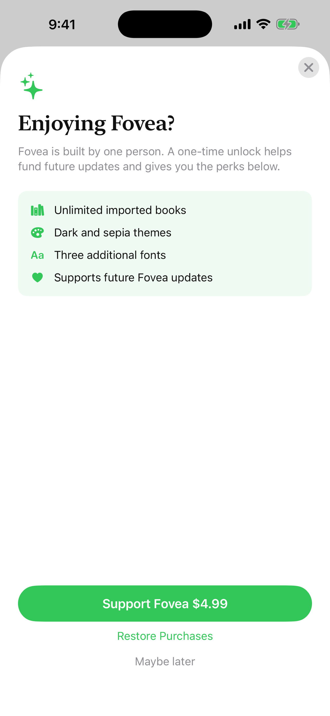 Fovea Supporter screen with the one-time unlock